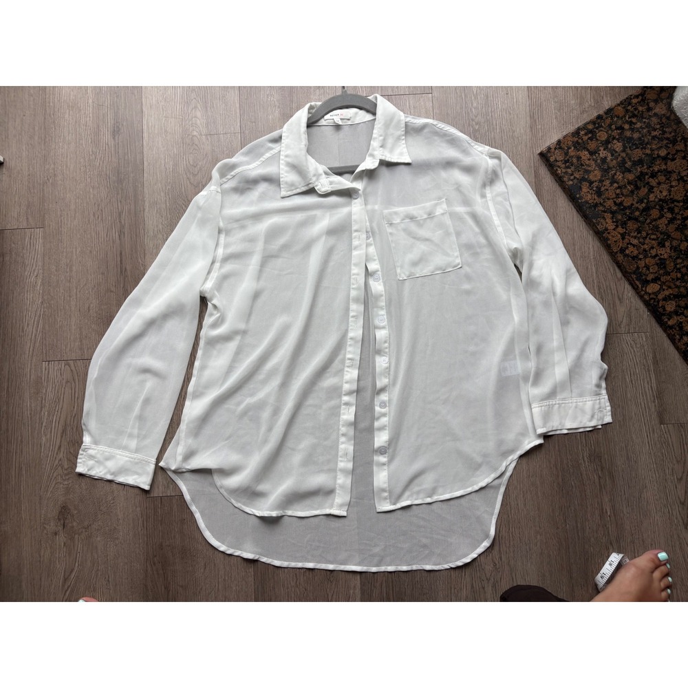 Better Be White Sheer Button Down Shirt Womens Large Long Sleeve TGI4738 Pocket